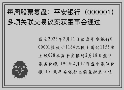 每周股票复盘：平安银行（000001）多项关联交易议案获董事会通过