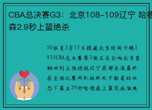 CBA总决赛G3：北京108-109辽宁 哈德森2.9秒上篮绝杀