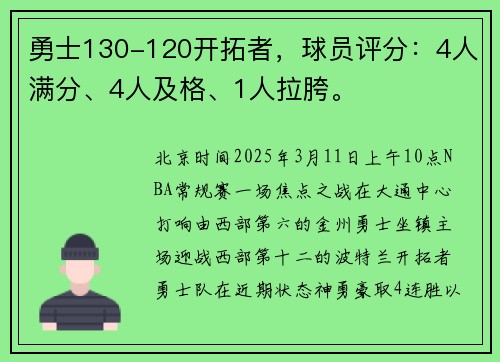 勇士130-120开拓者,球员评分:4人满分、4人及格、1人拉胯。