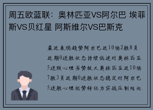 周五欧蓝联：奥林匹亚VS阿尔巴 埃菲斯VS贝红星 阿斯维尔VS巴斯克