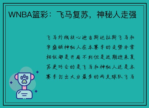WNBA篮彩：飞马复苏，神秘人走强
